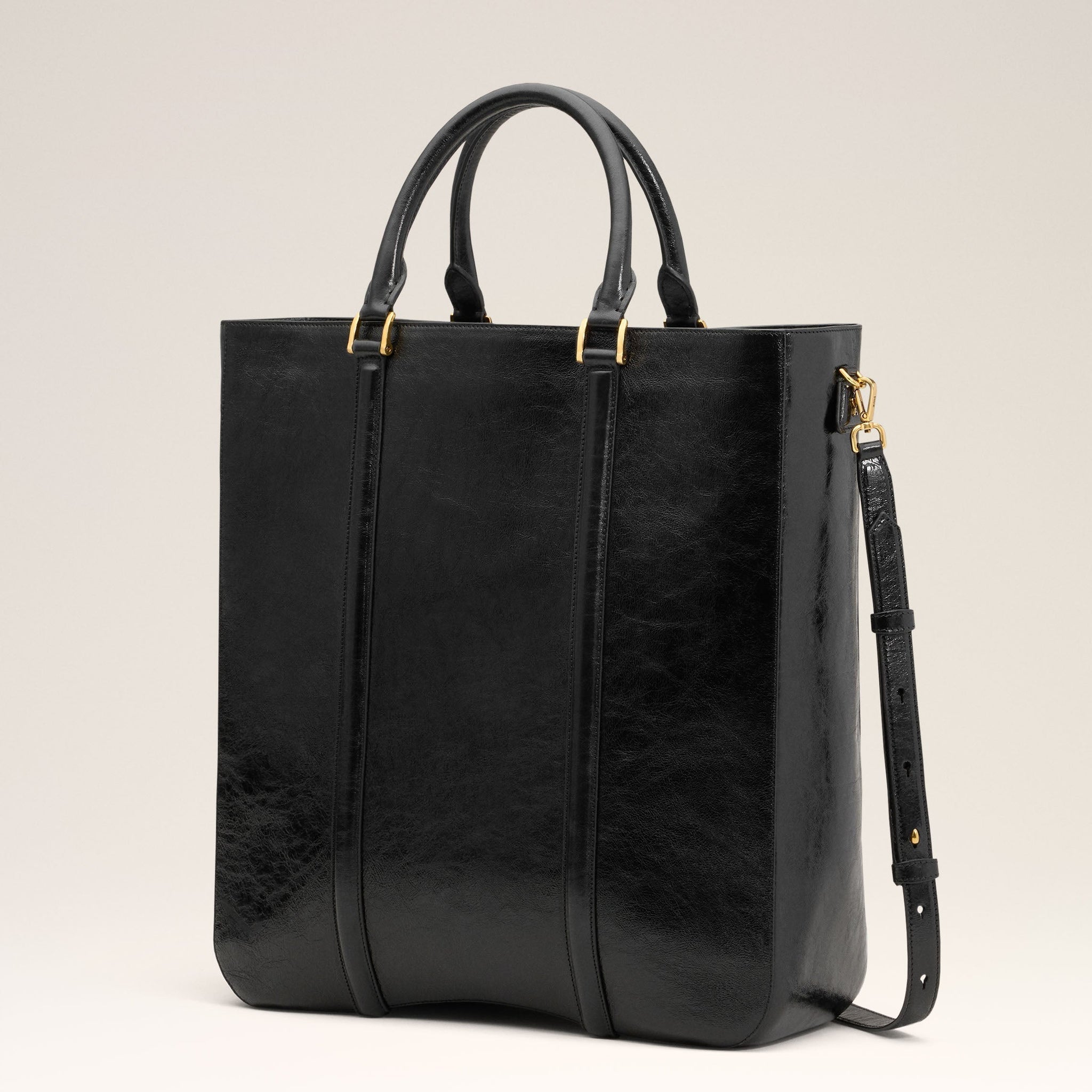 Black Leather North South Tote Bag