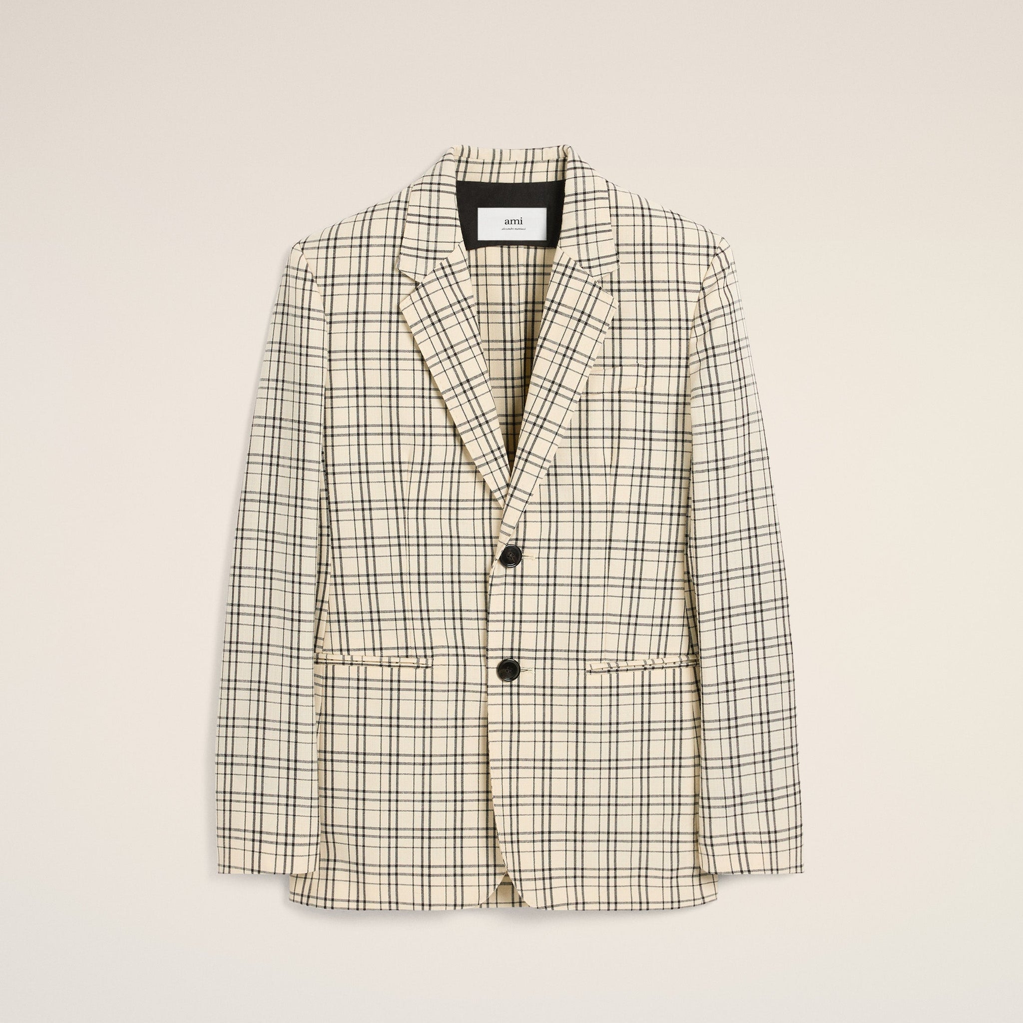 Beige Checked Wool Semi-Lined Jacket