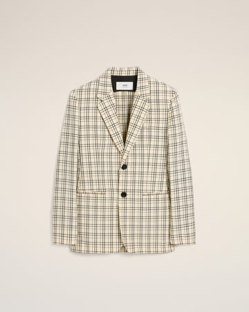 Beige Checked Wool Semi-Lined Jacket