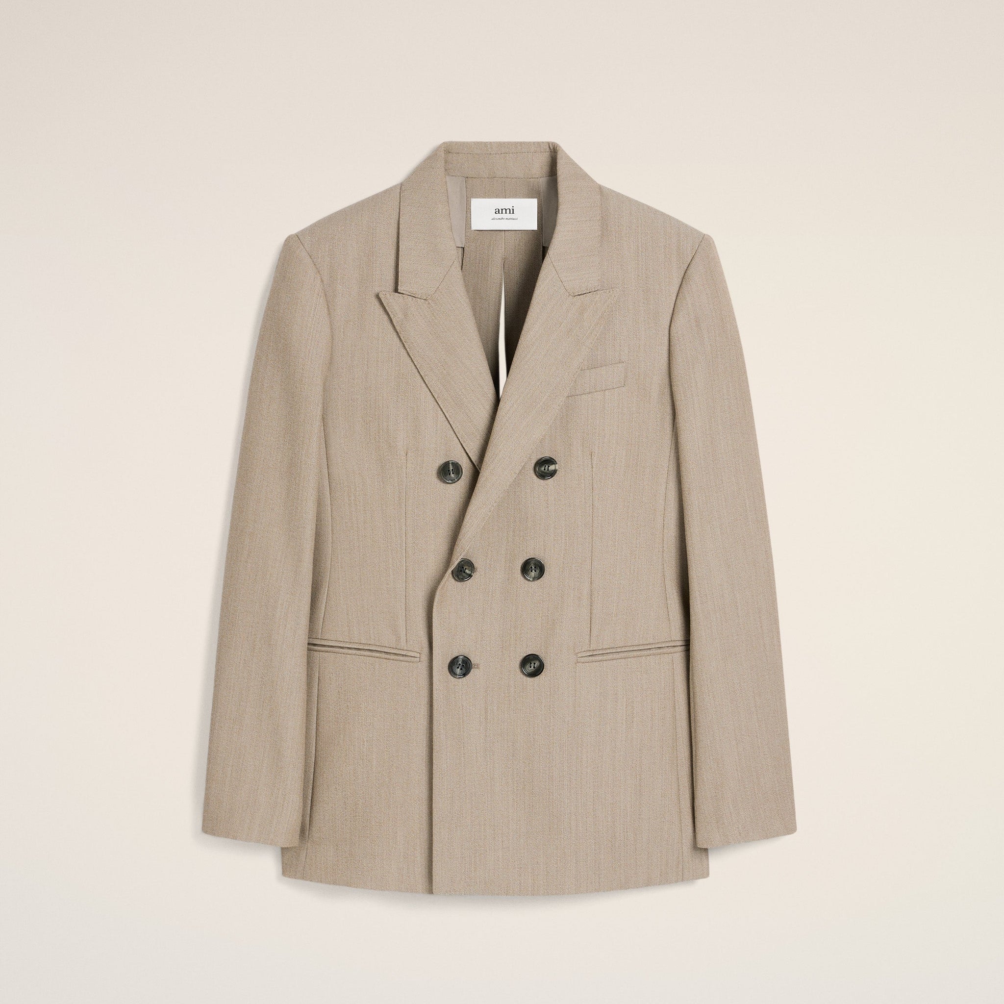 Beige Wool Back Slit Double Breasted Jacket