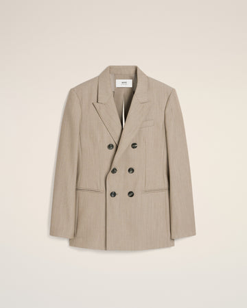 Beige Wool Back Slit Double Breasted Jacket