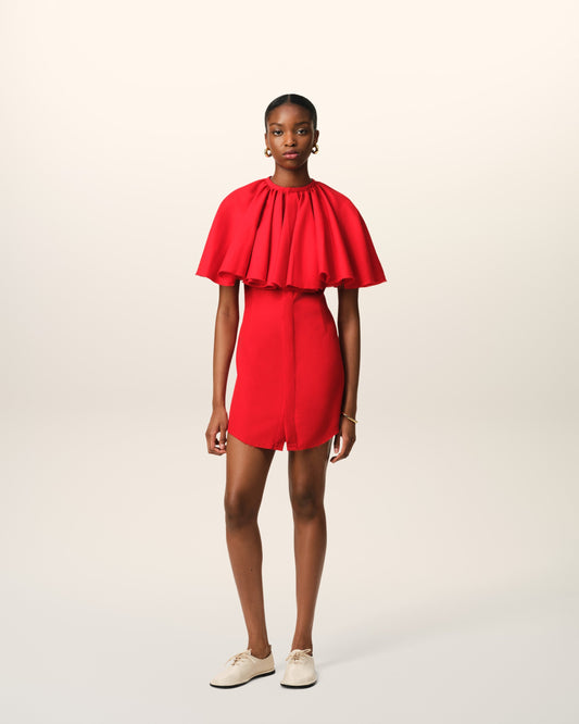 Red Wool Shirt Dress With Ruff
