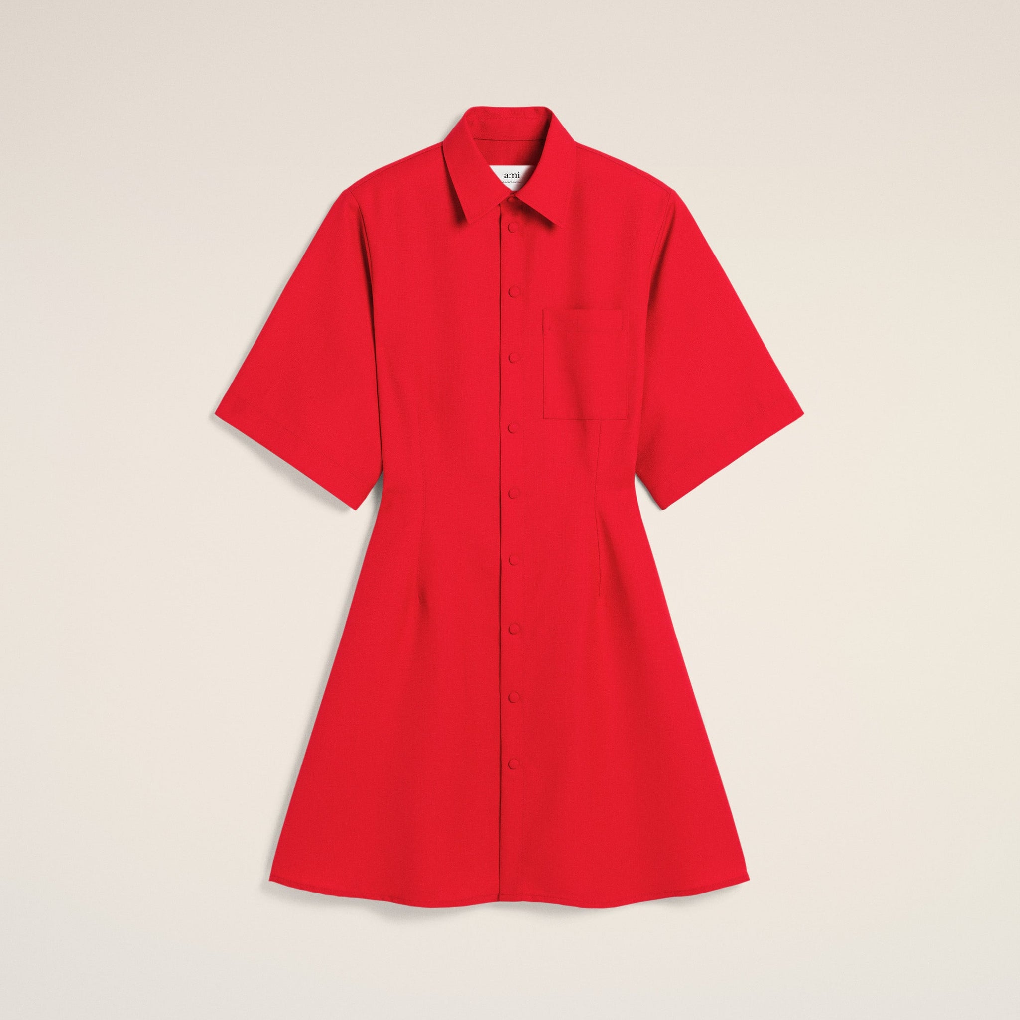 Red Wool Short Sleeve Shirt Dress