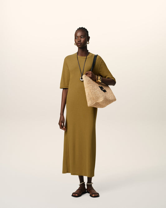 Mustard Cotton Short Sleeve Midi Dress