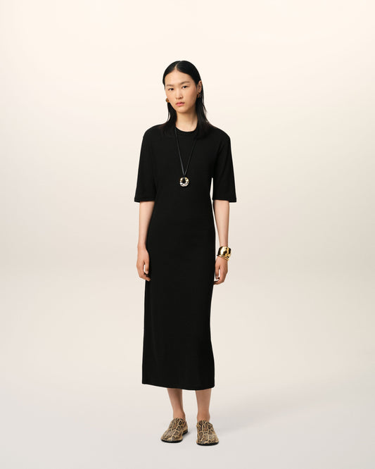 Black Cotton Short Sleeve Midi Dress