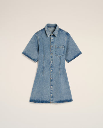 Blue Cotton Short Sleeve Shirt Dress