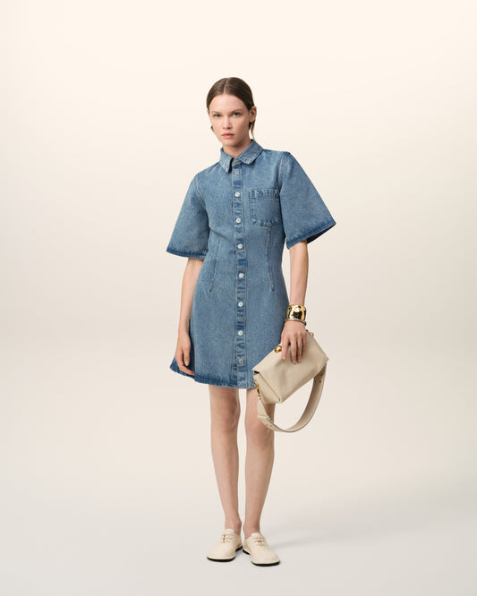 Blue Cotton Short Sleeve Shirt Dress