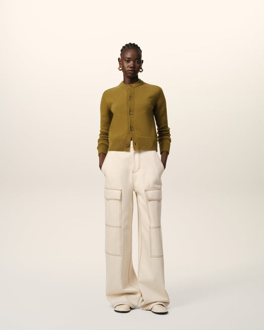 Khaki Wool Knit Ami de Coeur Crewneck Cardigan