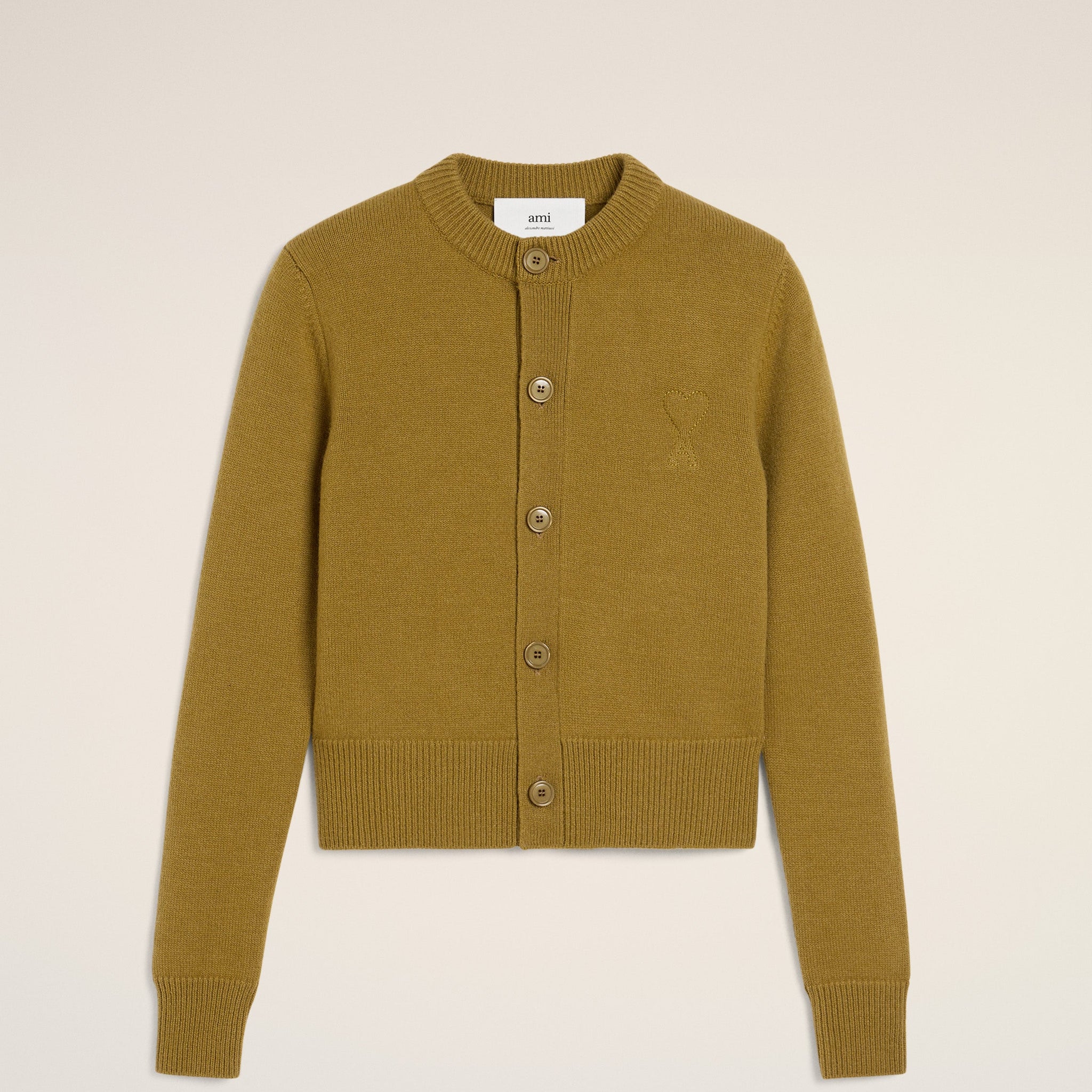 Khaki Wool Knit Ami de Coeur Crewneck Cardigan