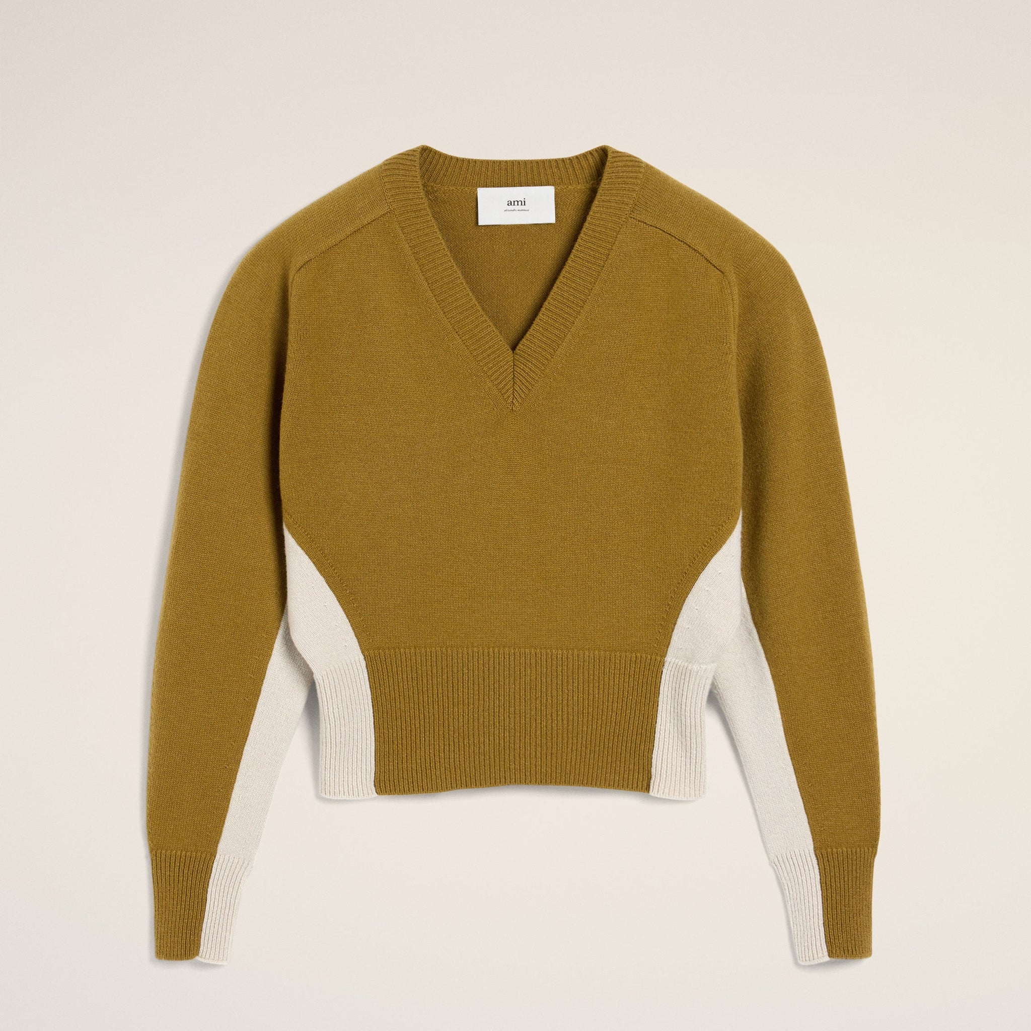 Khaki Wool Knit Bicolor V Neck Sweater