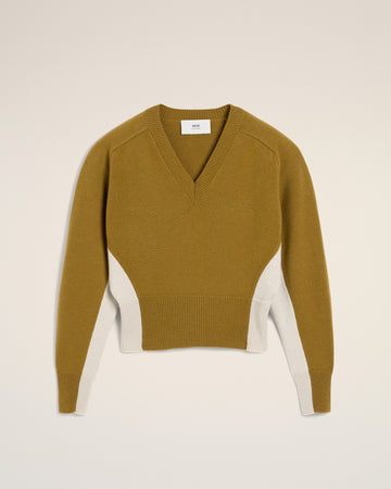 Khaki Wool Knit Bicolor V Neck Sweater