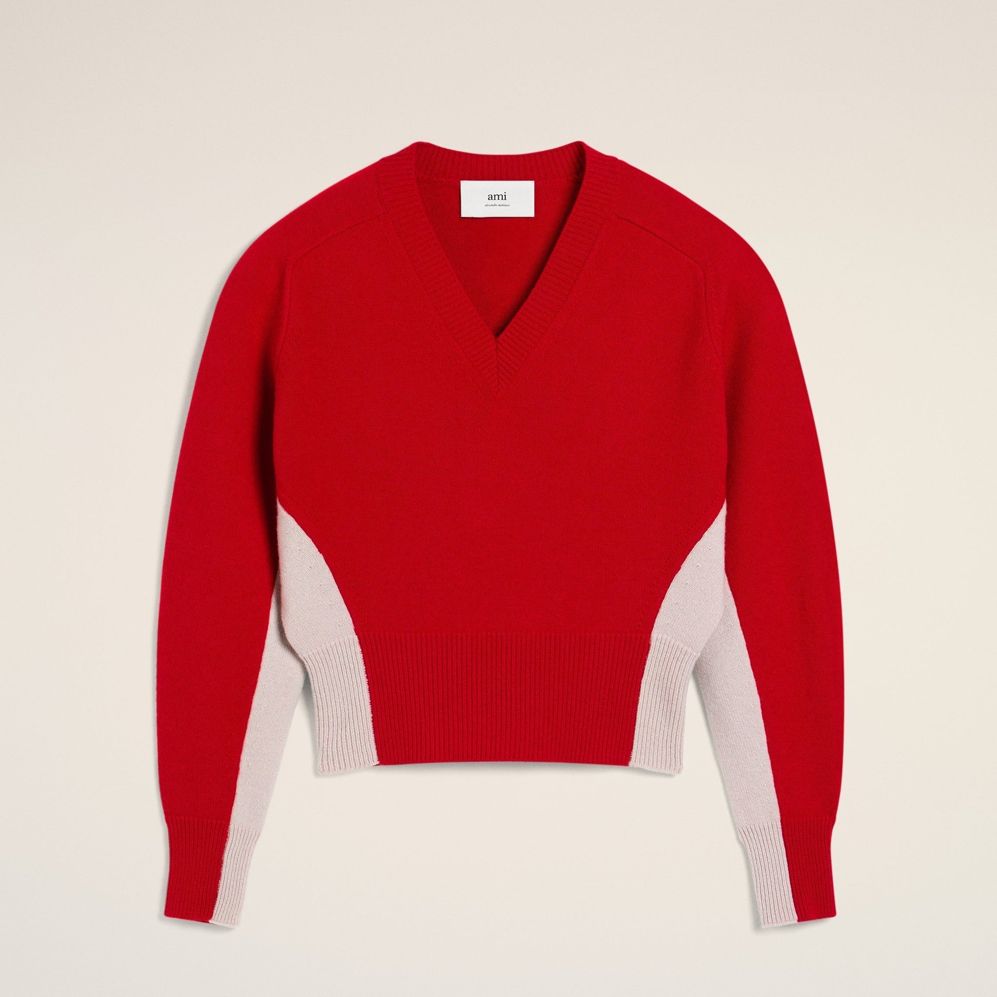 Red Wool Knit Bicolor V Neck Sweater