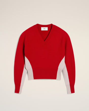 Red Wool Knit Bicolor V Neck Sweater