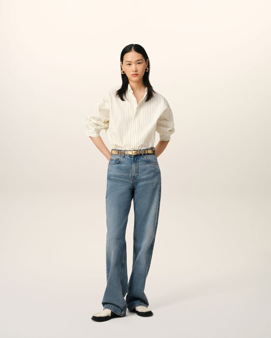 White And Khaki Cotton Wingtip Collar Oversized Shirt