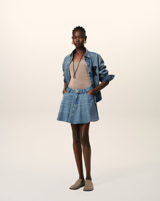 Blue Cotton Flare Mini Skirt