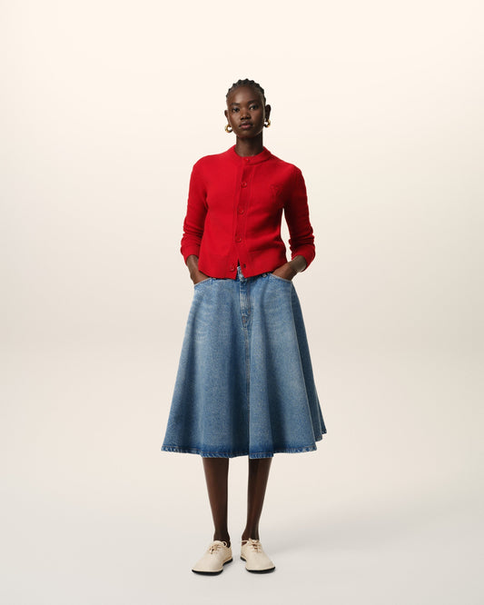 Blue Cotton Midi Skirt With Godets