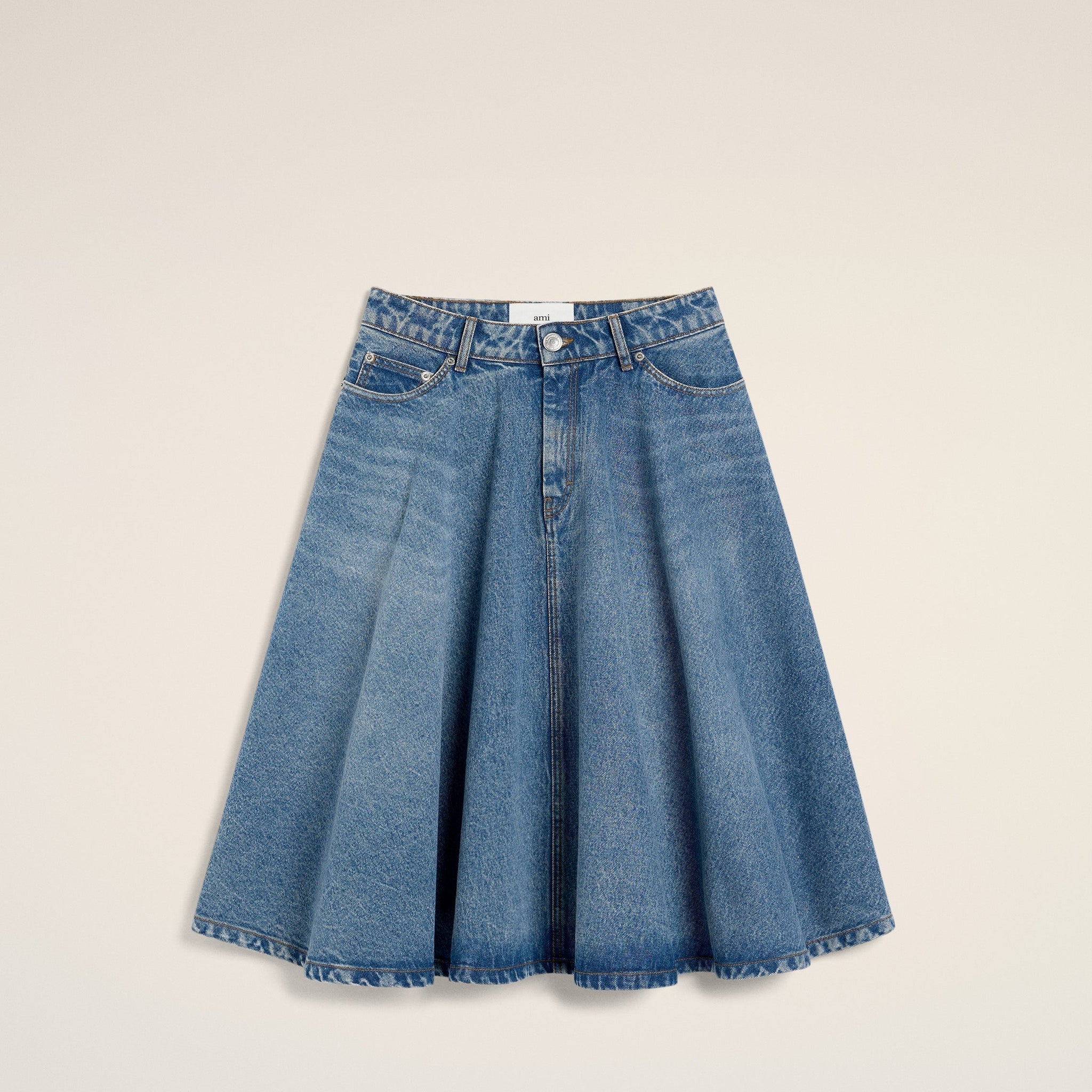 Blue Cotton Midi Skirt With Godets