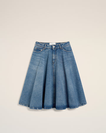 Blue Cotton Midi Skirt With Godets