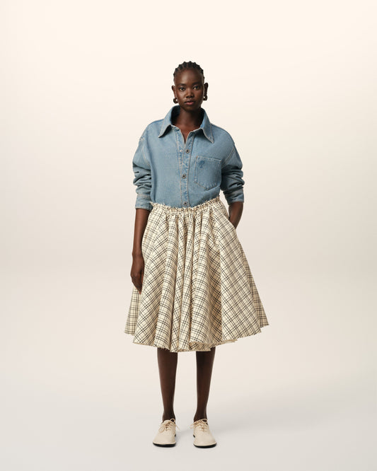 Beige Checked Wool Skirt With Godets