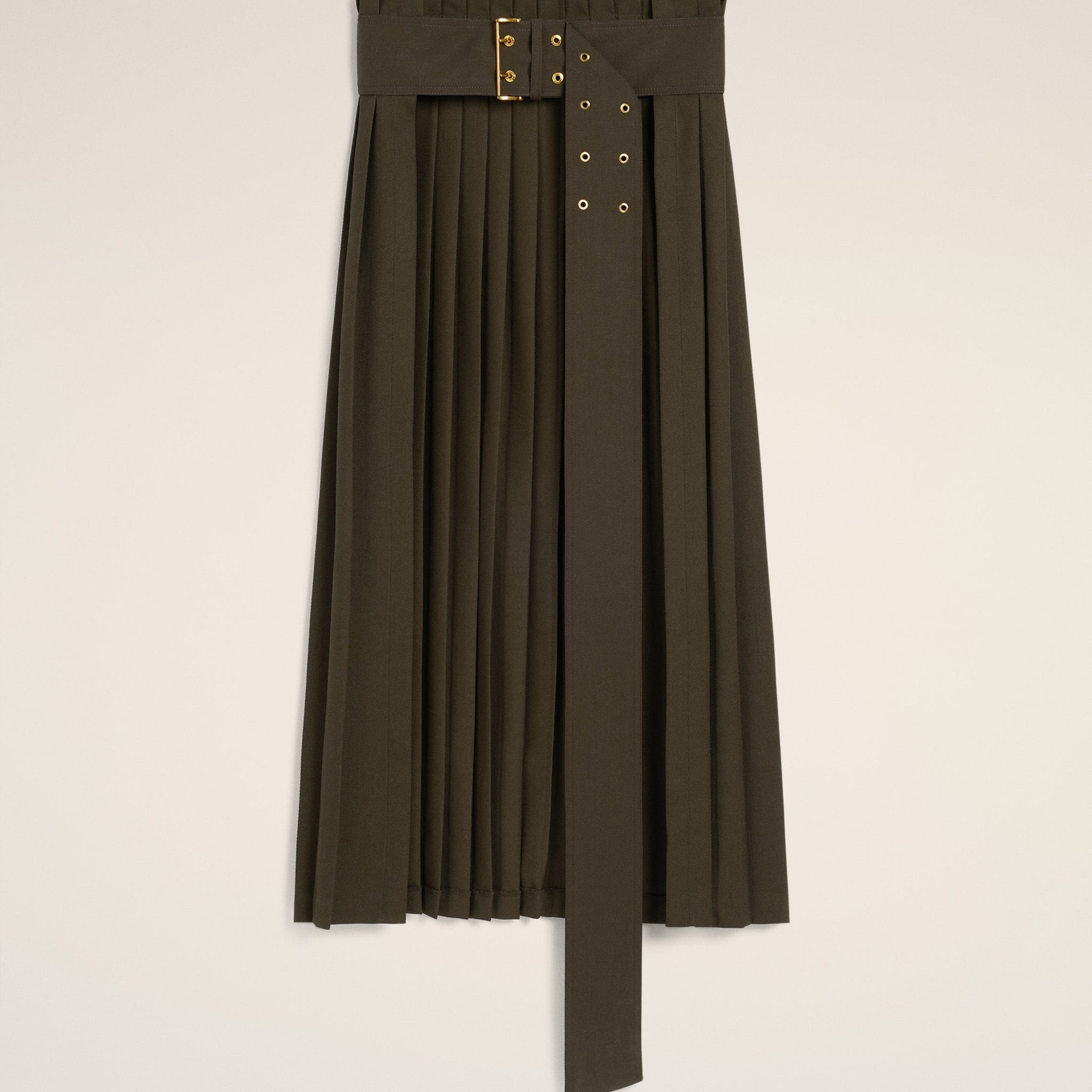 Green Wool Twill Belted Pleated Skirt