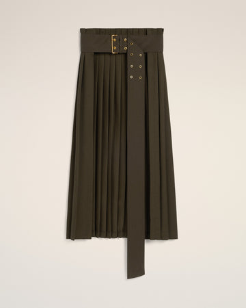 Green Wool Twill Belted Pleated Skirt