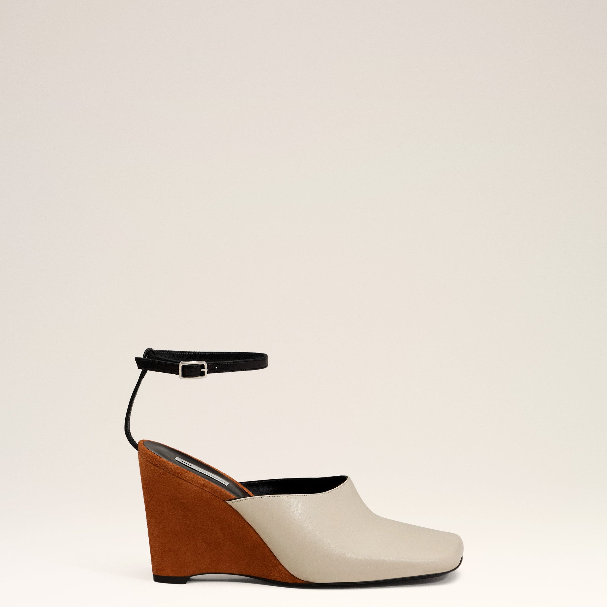 Beige Leather Wedge Mules