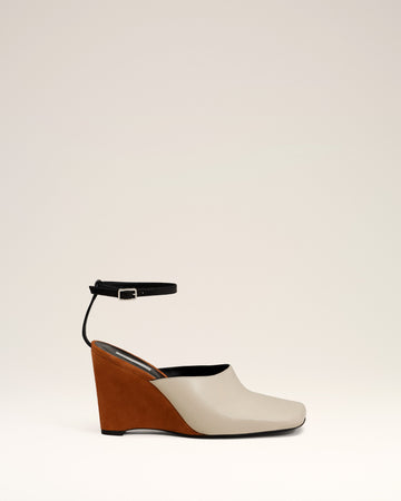 Beige Leather Wedge Mules