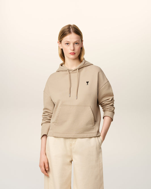 Beige Cotton Contrasted Ami De Coeur Hoodie