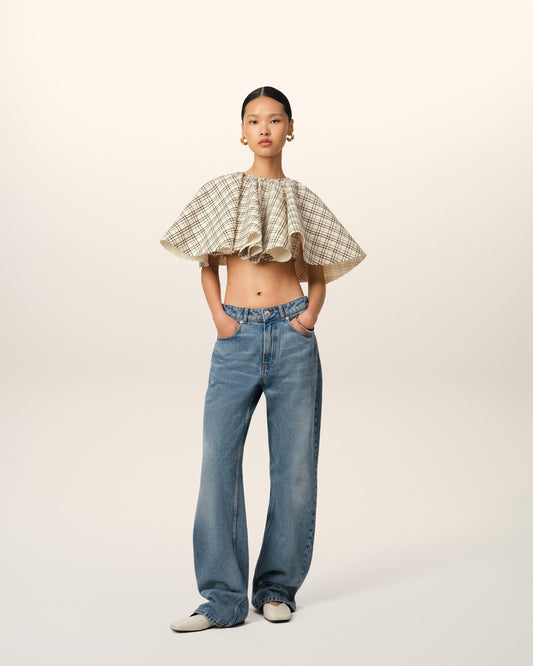 Beige Checked Wool Ruffled Top