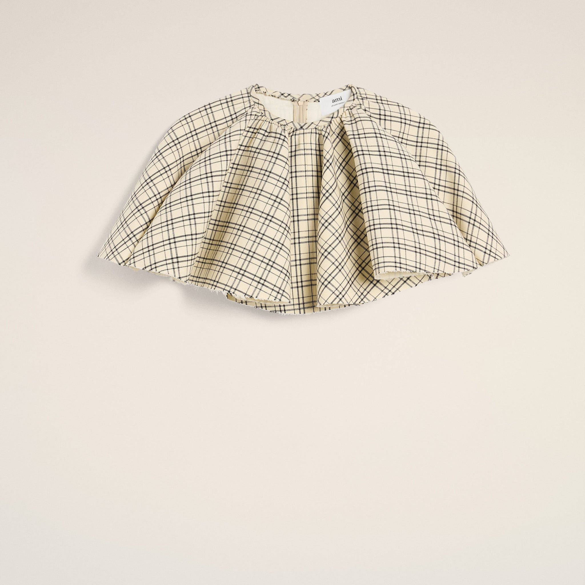 Beige Checked Wool Ruffled Top