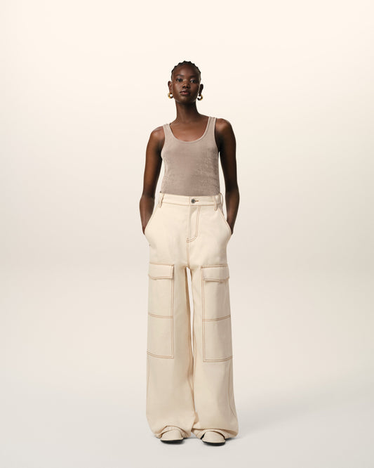 Beige Cotton Cargo Wide Fit Jeans
