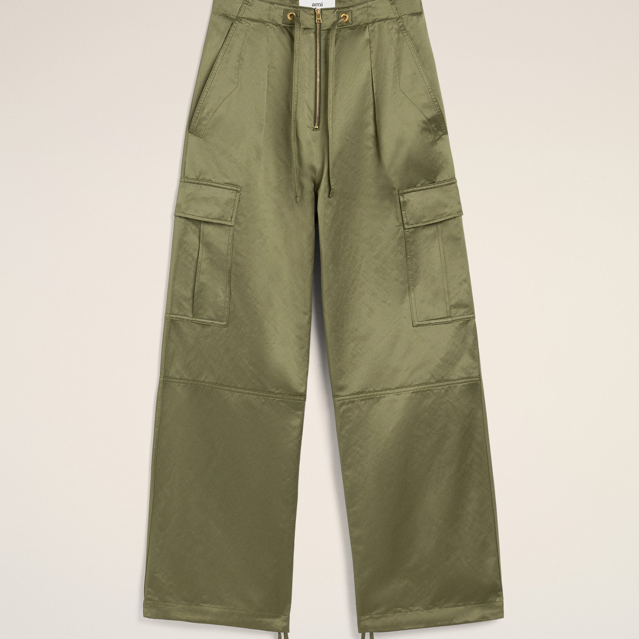 Green Cotton Satin Zipped Cargo Trousers
