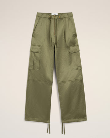 Green Cotton Satin Zipped Cargo Trousers
