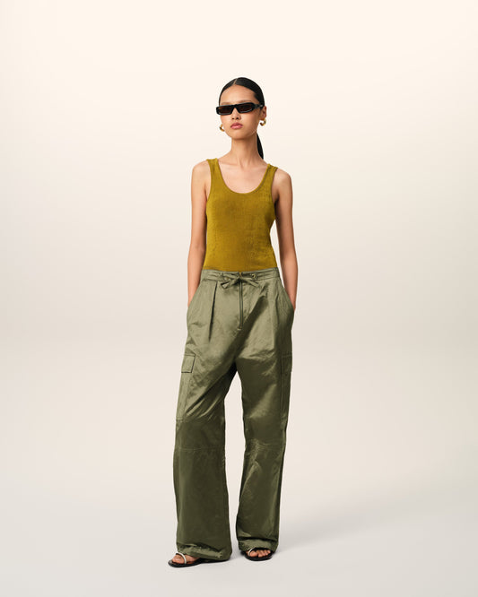 Green Cotton Satin Zipped Cargo Trousers