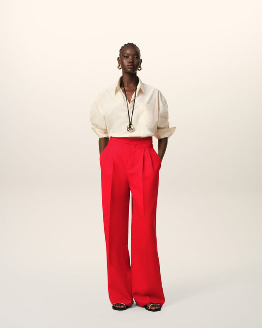 Red Wool High Waist Large Trousers