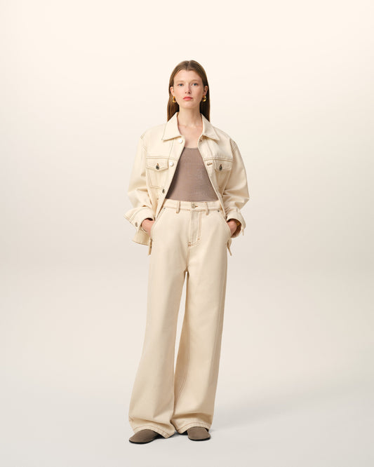 Beige Cotton Wide Fit Jeans