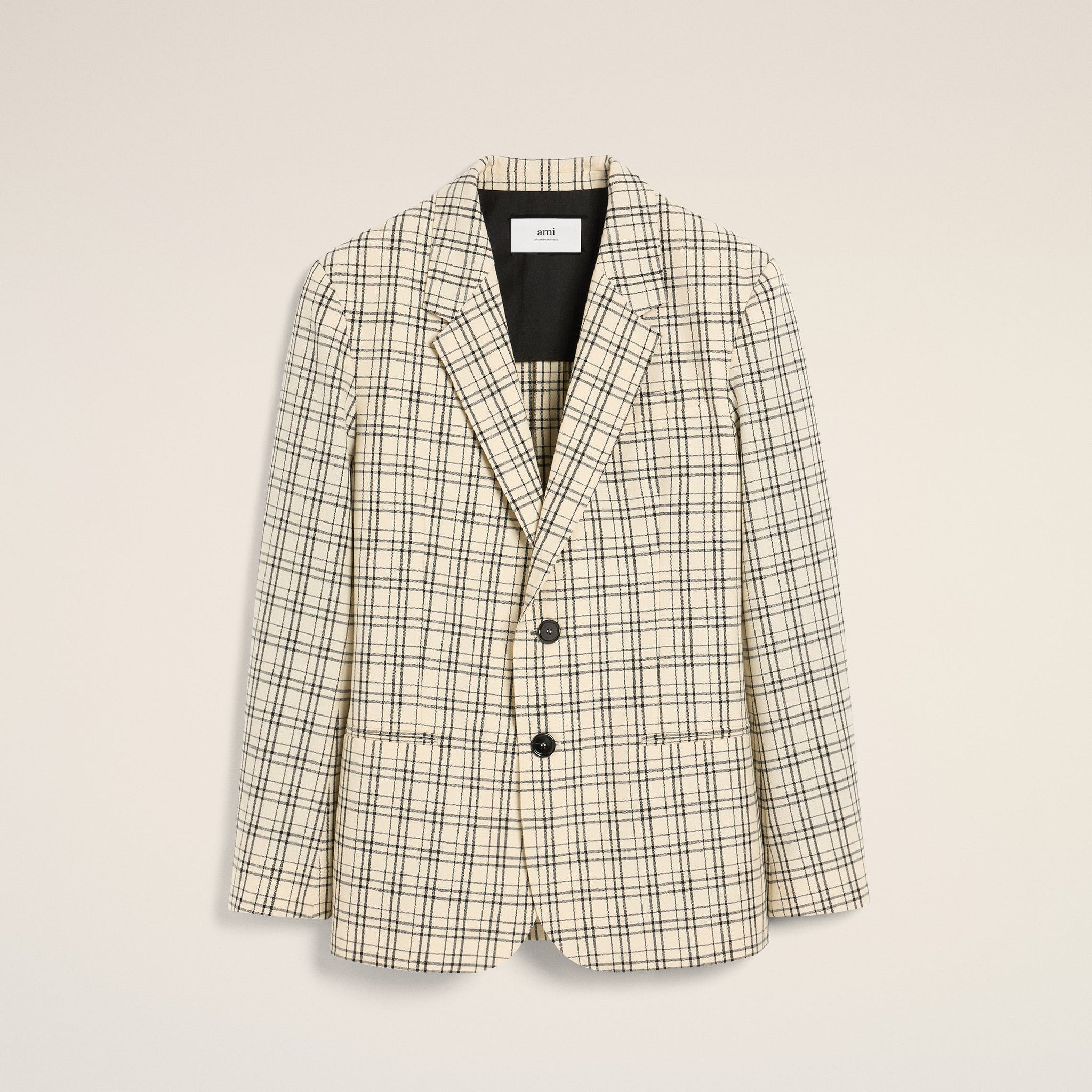 Beige Checked Wool Semi-Lined Jacket