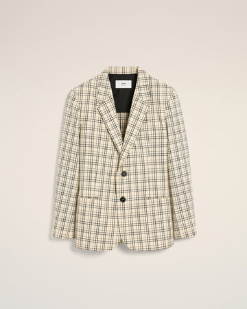 Beige Checked Wool Semi-Lined Jacket