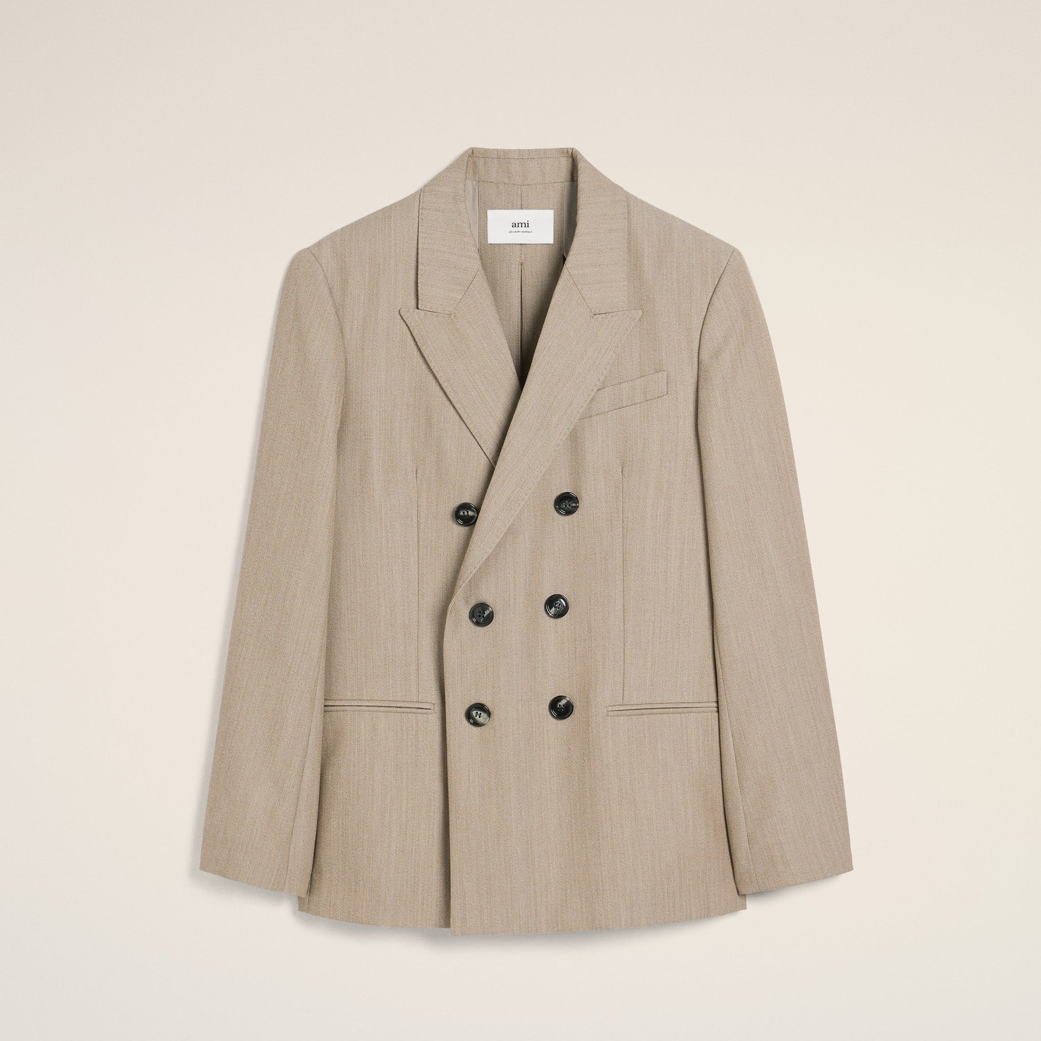 Beige Wool Back Slit Double Breasted Jacket