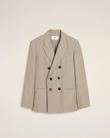 Beige Wool Back Slit Double Breasted Jacket