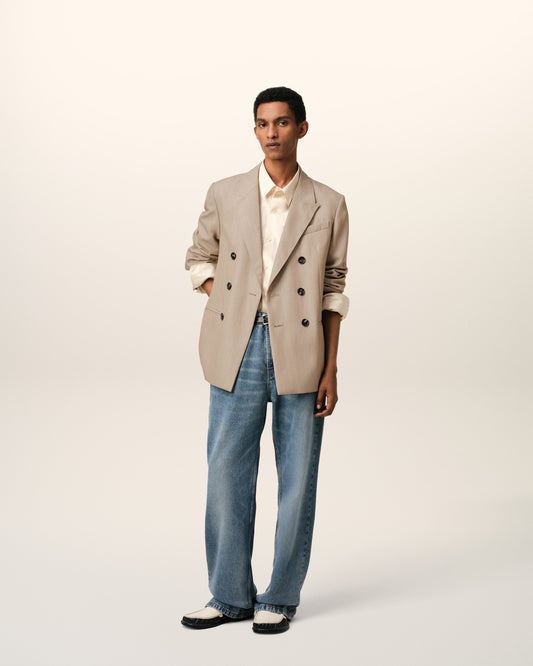 Beige Wool Back Slit Double Breasted Jacket