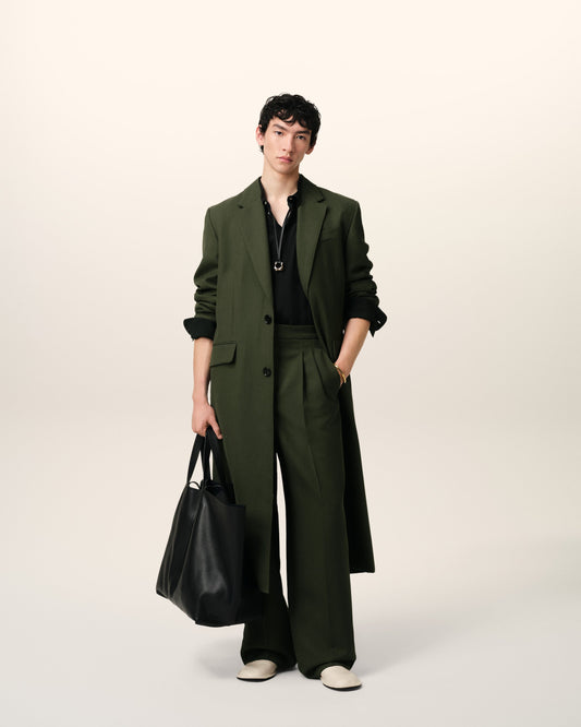 Green Wool Back Slit Long Coat