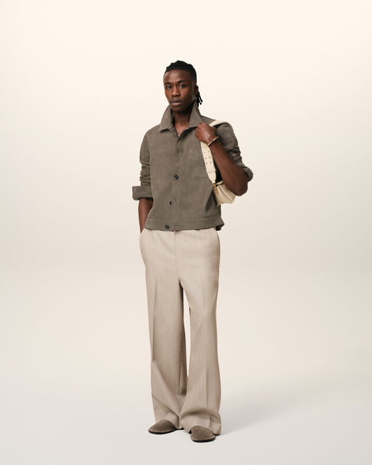 Beige Leather Buttoned Jacket