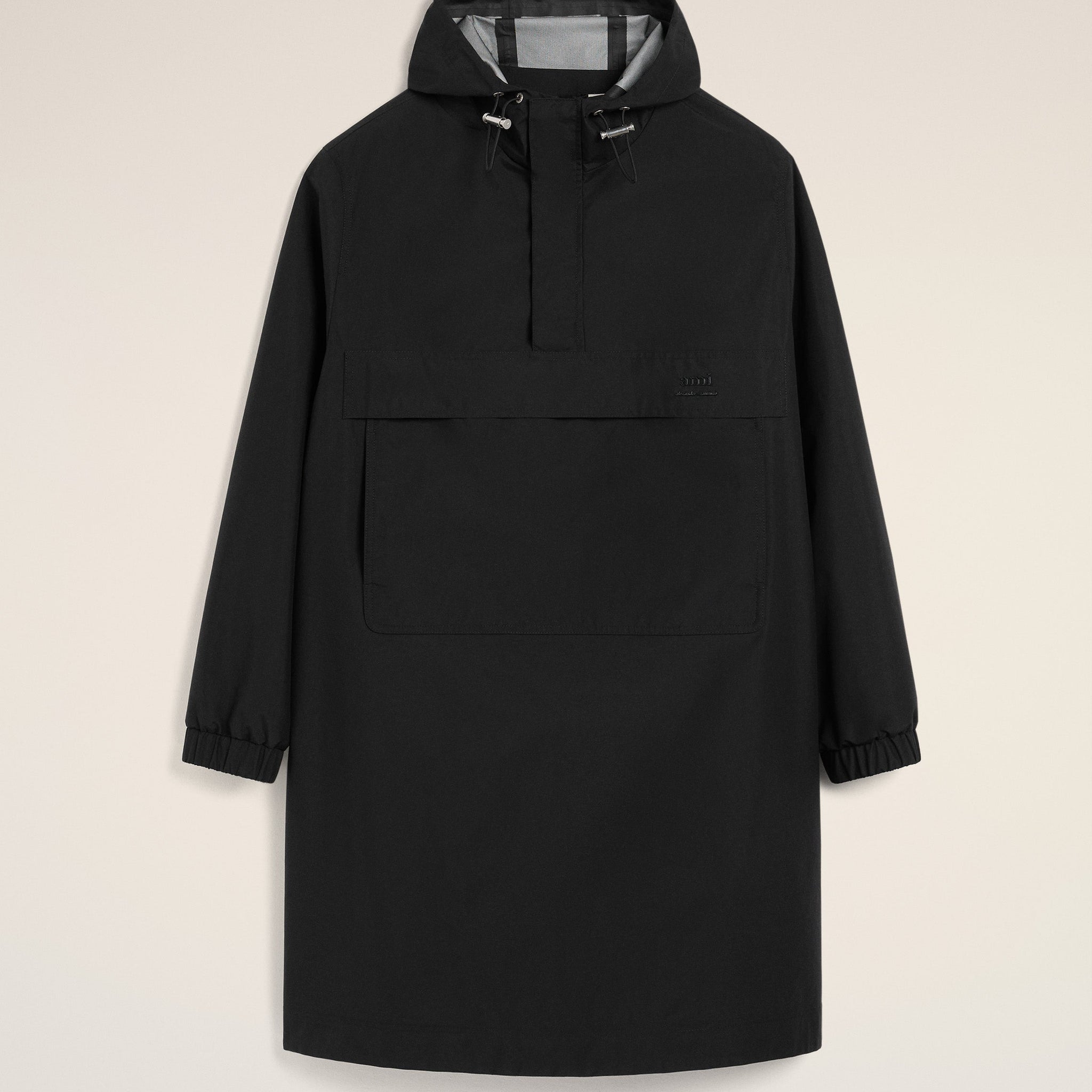 Black Water-repellent Long Hooded Windbreaker