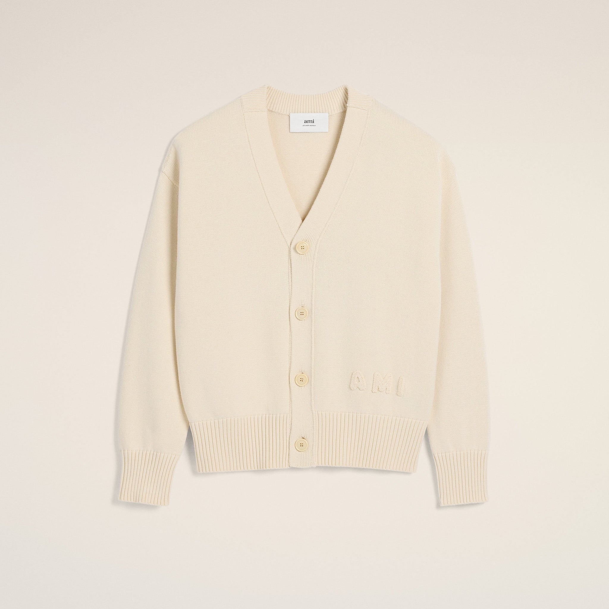 Beige Cotton Wool Ami Embroidered Cardigan