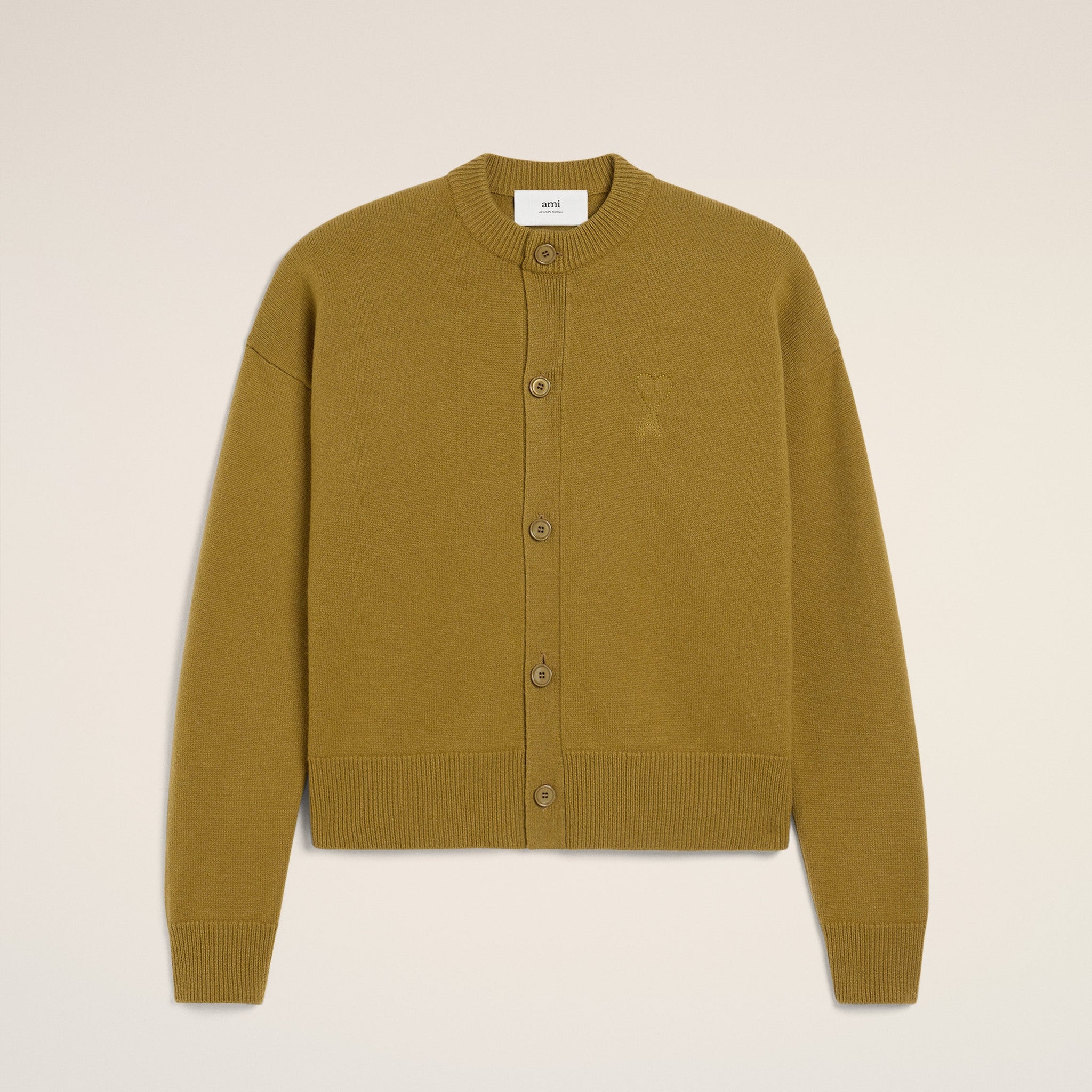 Khaki Wool Knit Ami de Coeur Crewneck Cardigan