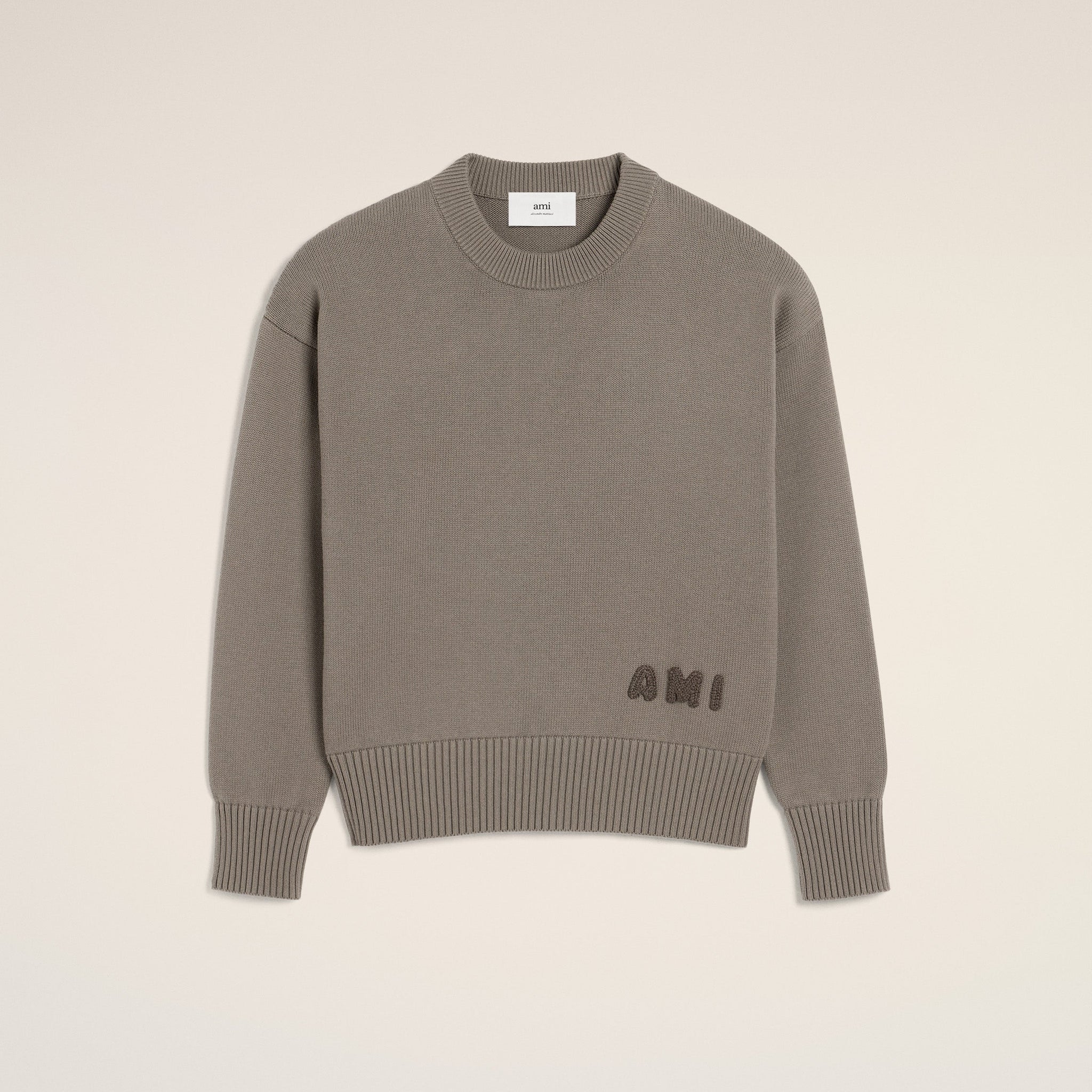 Beige Cotton Ami Embroidered Crewneck Sweater