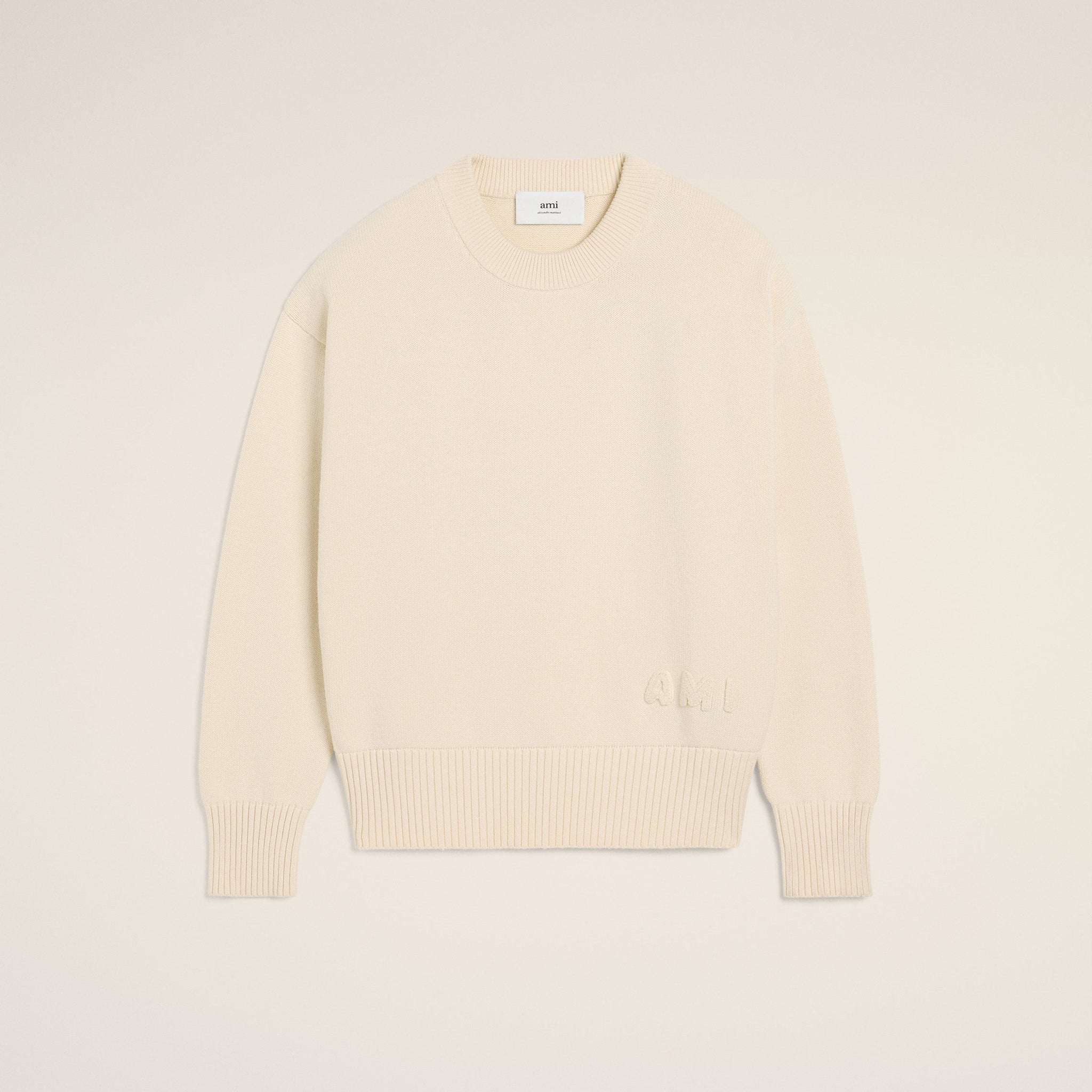 Beige Cotton Ami Embroidered Crewneck Sweater