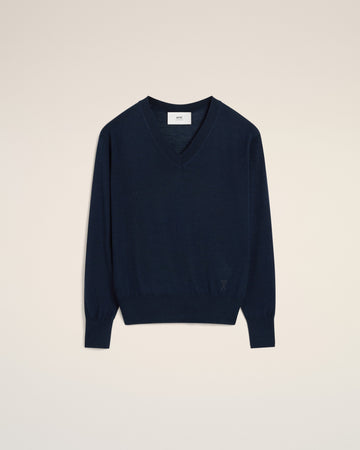 Navy Wool V Neck Sweater
