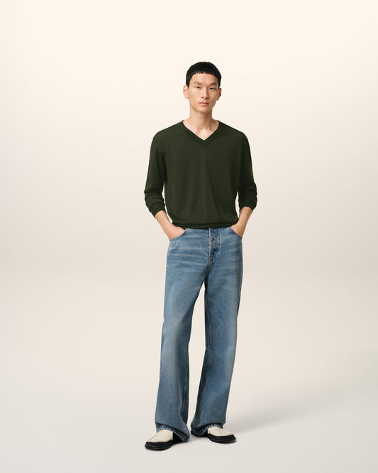 Green Wool Tonal V Neck Sweater